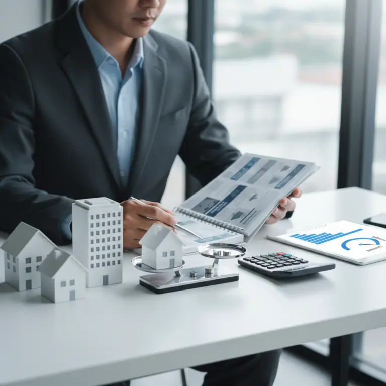 Business professional reviewing a report at a desk with miniature buildings, a magnifying glass, a calculator, and a tablet showing charts, Fixed Asset Turnover Ratio
