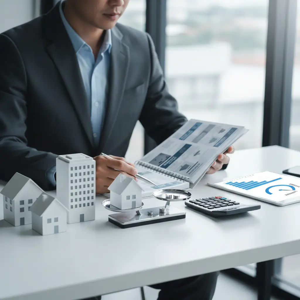 Business professional reviewing a report at a desk with miniature buildings, a magnifying glass, a calculator, and a tablet showing charts, Fixed Asset Turnover Ratio
