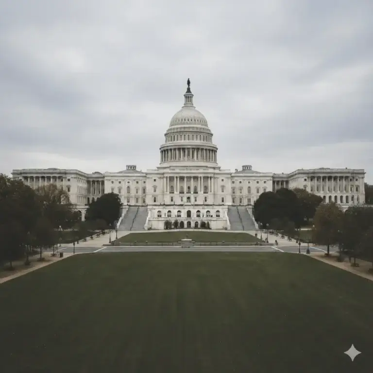 A wide-angle, journalistic photograph of the U.S. Capitol building under a neutral, overcast sky. The building’s white dome is centered against the muted greys of a cloudy day, framed by a vast green lawn in the foreground and dormant winter trees. The image uses a realistic, desaturated color palette to evoke a serious, professional news aesthetic.