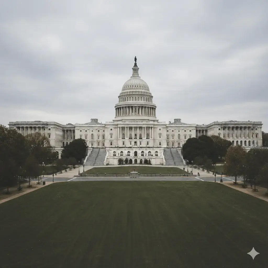 A wide-angle, journalistic photograph of the U.S. Capitol building under a neutral, overcast sky. The building’s white dome is centered against the muted greys of a cloudy day, framed by a vast green lawn in the foreground and dormant winter trees. The image uses a realistic, desaturated color palette to evoke a serious, professional news aesthetic.
