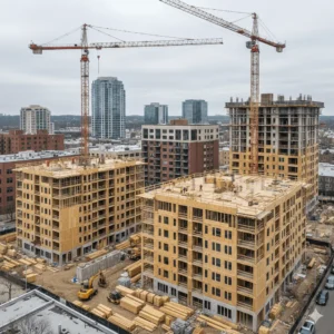 High-angle editorial shot of multiple mid-rise multifamily apartment buildings under construction in a U.S. city, featuring active cranes, wood framing, and construction crews, representing new supply growth under the 21st Century Housing Act.