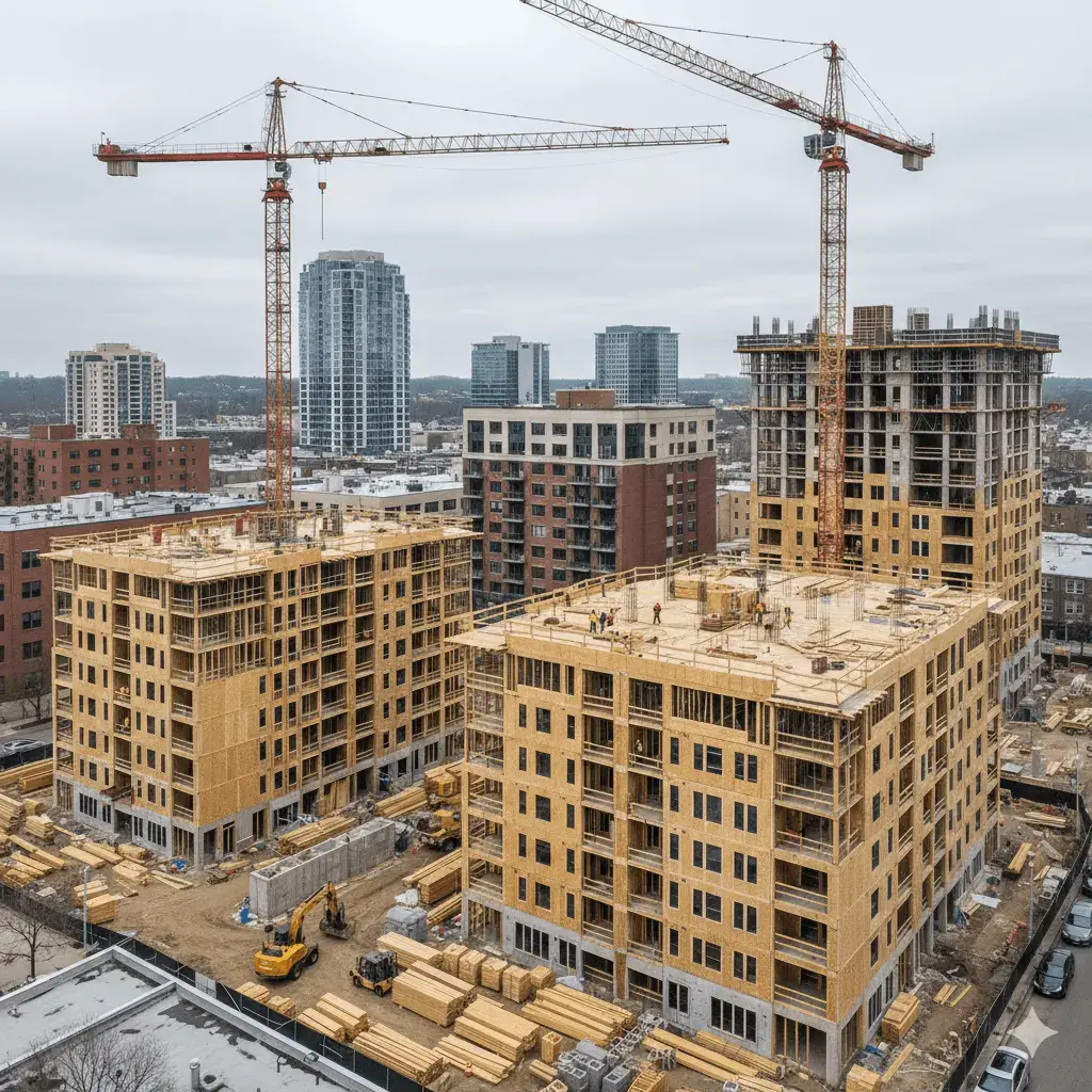 High-angle editorial shot of multiple mid-rise multifamily apartment buildings under construction in a U.S. city, featuring active cranes, wood framing, and construction crews, representing new supply growth under the 21st Century Housing Act.