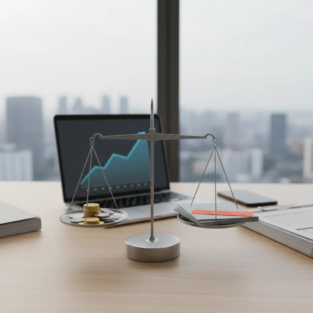 A balance scale on a desk compares stacked coins and papers in front of a laptop showing an upward line chart, illustrating Leverage Ratio.