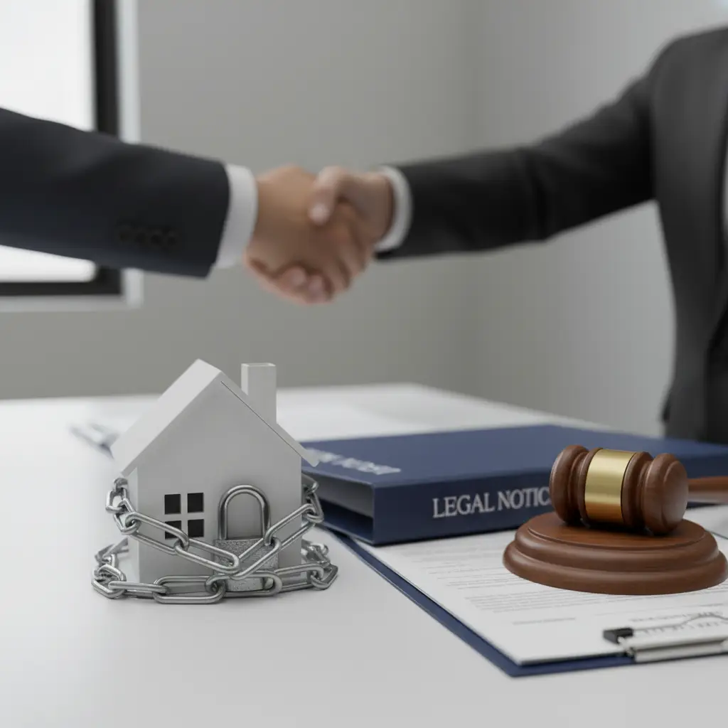 A miniature house wrapped in chains and secured with a padlock sits on a desk beside legal documents, a judge’s gavel, and a folder while two people in suits shake hands in the background, illustrating Lis Pendens.