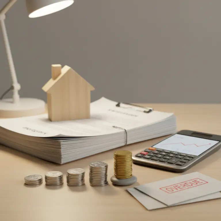 Desk scene with stacked documents, a wooden house model, a calculator showing a line graph, coin stacks, and an envelope stamped overdue, illustrating Negative Amortization.