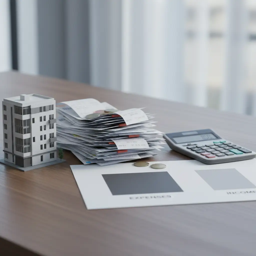 Hand using a calculator on a desk with financial documents, next to a tablet showing a dripping faucet and a downward line graph with stacks of coins, with tall buildings in the background, OER.