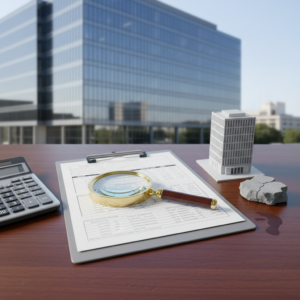 Office desk with a clipboard of documents, a magnifying glass, a calculator, a small building model, and a piece of broken concrete in front of a glass office tower labeled PML.