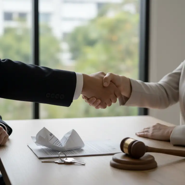 Two people in business suits shaking hands over a signed document on a desk with a gavel and an open book, representing Promissory Estoppel.