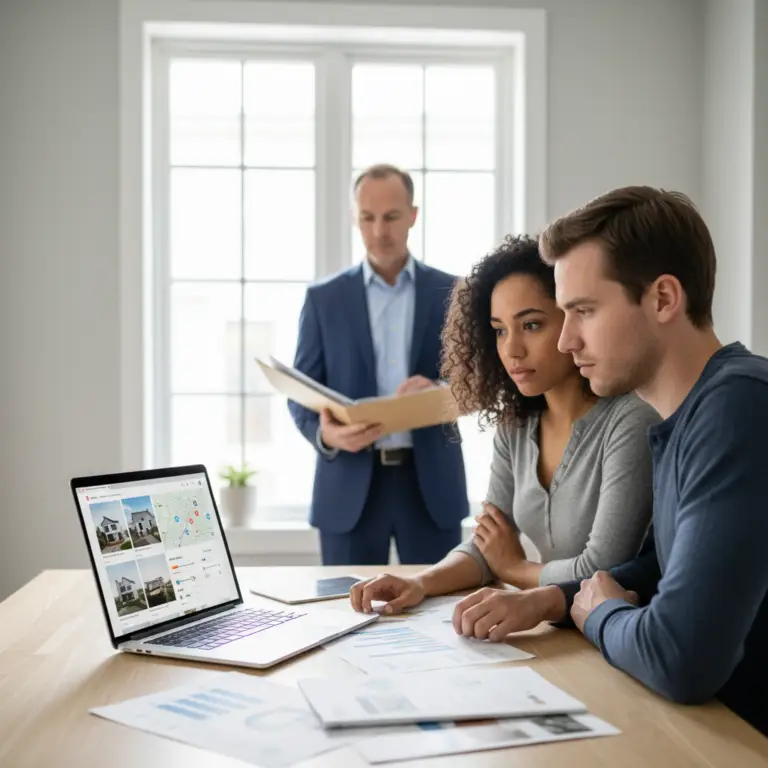 Open laptop and smartphone displaying property listings on a table with a contract, house keys, and a small for sale sign in front of a suburban home, representing Redfin.