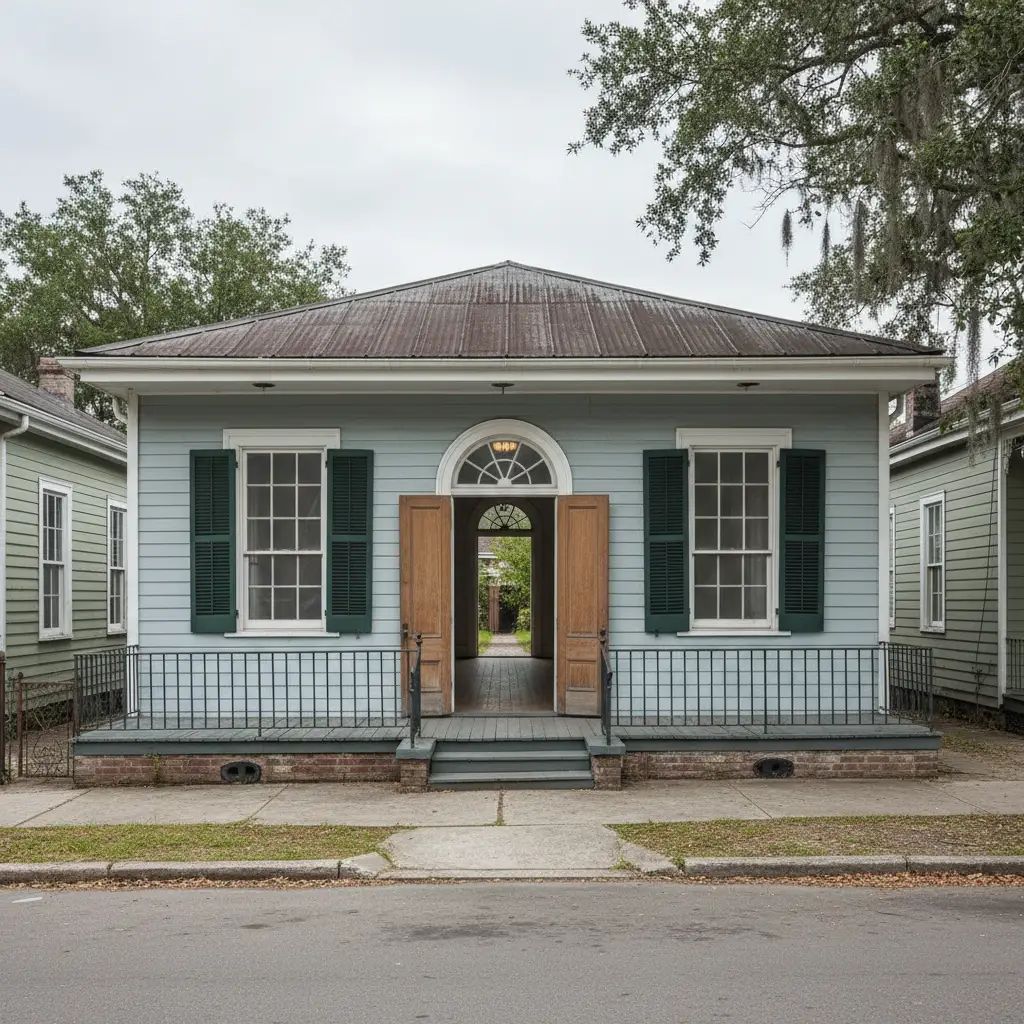 Shotgun House interior room with pale blue walls, dark wood floors, a central island under a hanging pendant light, a bed and dresser on the right, and an open door with tall windows letting in daylight.