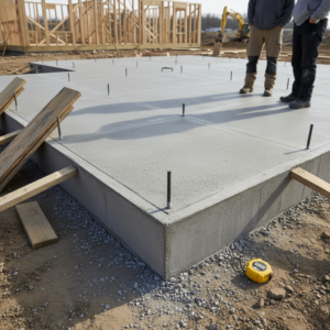 Workers standing on a freshly poured concrete foundation with anchor bolts at a construction site, Slab.
