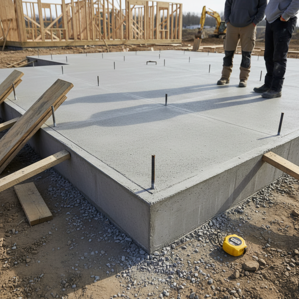 Workers standing on a freshly poured concrete foundation with anchor bolts at a construction site, Slab.