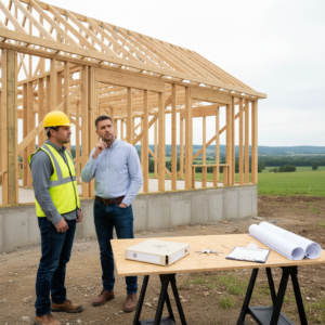 Two men stand at a building site in front of a wood-framed house structure, with rolled blueprints and paperwork on a table, discussing a USDA Construction Loan.