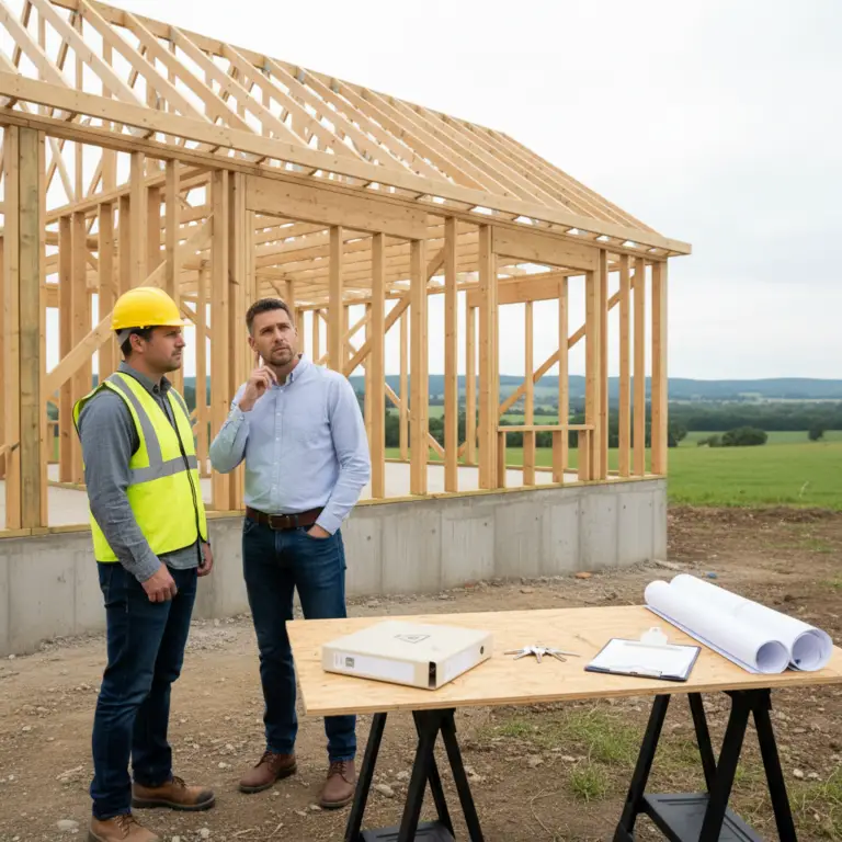 Two men stand at a building site in front of a wood-framed house structure, with rolled blueprints and paperwork on a table, discussing a USDA Construction Loan.