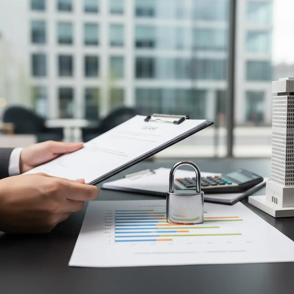 Hands holding a clipboard over a desk with a padlock on a printed chart, a calculator, and a small building model in an office setting, WALT.