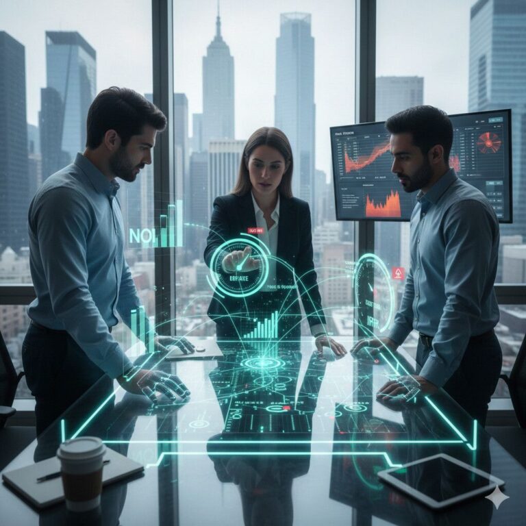 A professional real estate investment team in a high-rise office analyzing a glowing, holographic data interface. The interface displays interconnected underwriting metrics like NOI, IRR, and Cap Rate expansion, illustrating how financial signals interact within a complex real estate deal.
