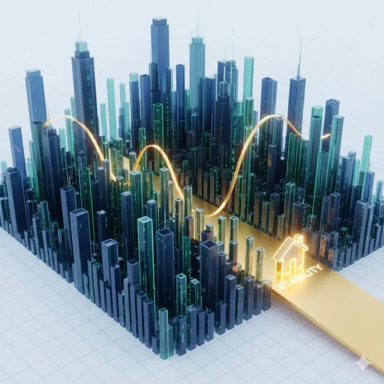 3D data visualization of a city skyline with bar charts showing rental market volatility, featuring a golden trend line leading to a house icon representing market stability and smart investment strategy.