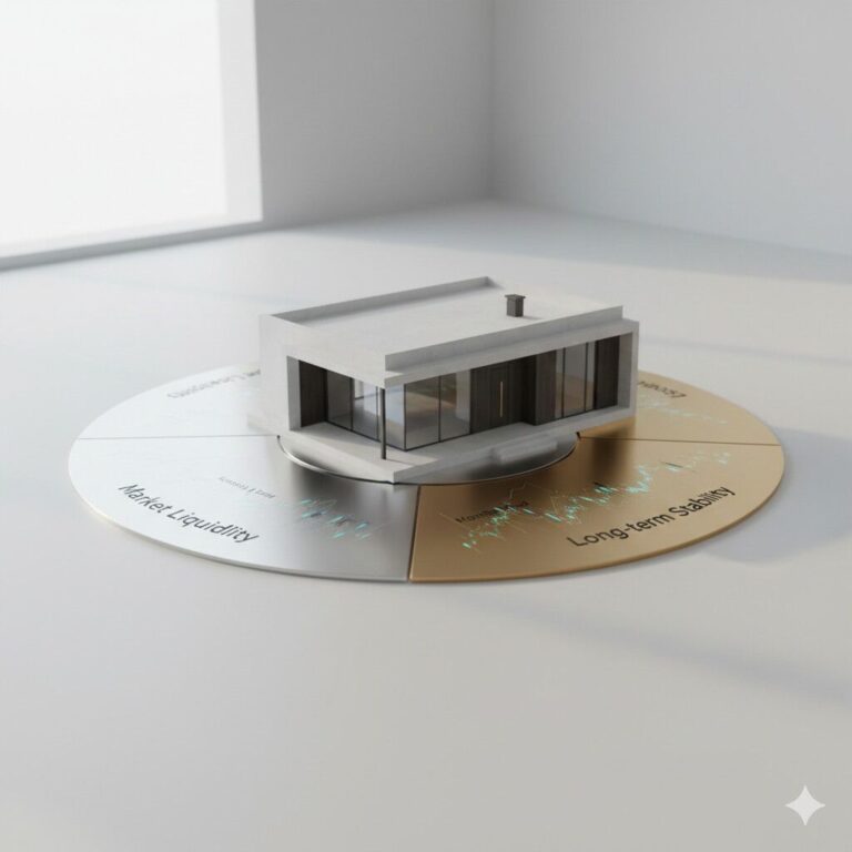 A minimalist architectural model of a modern house for real estate investors, positioned on a circular metallic platform divided into three segments: Market Liquidity, Monthly Yield, and Long-term Stability, with digital data overlays.