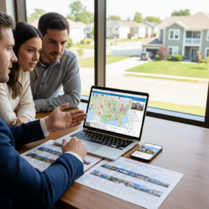 Laptop showing an online map with property location pins beside a smartphone displaying home photos on a desk with house keys and paperwork in front of a suburban house, illustrating realtor.com.
