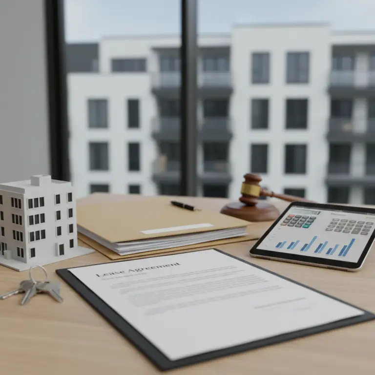 Constructive Eviction concept shown with a lease agreement document on a desk beside keys, a building model, a gavel, folders, and a tablet displaying charts.