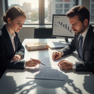 Two business professionals review financial documents at a conference table with laptops, charts, a stack of papers, and a balance scale representing Contingent Liabilities.