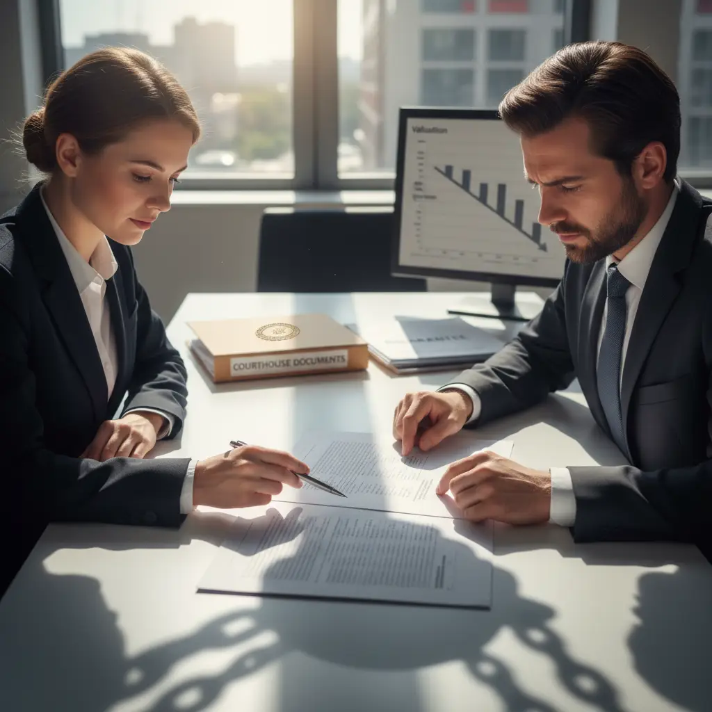 Two business professionals review financial documents at a conference table with laptops, charts, a stack of papers, and a balance scale representing Contingent Liabilities.