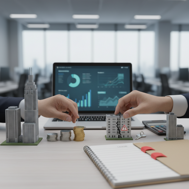 Hands arrange miniature buildings on a desk beside stacks of coins, a laptop displaying charts, and a calculator, illustrating the Cost of Living Index.