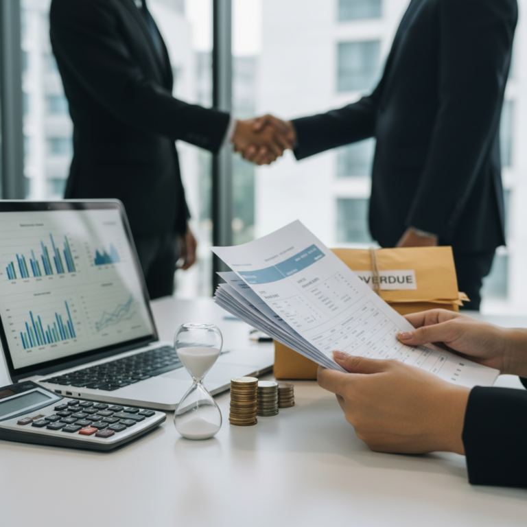 Hands holding financial documents at a desk with a laptop showing charts, a calculator, an hourglass, coin stacks, and two businesspeople shaking hands in the background, illustrating Days Payable Outstanding.