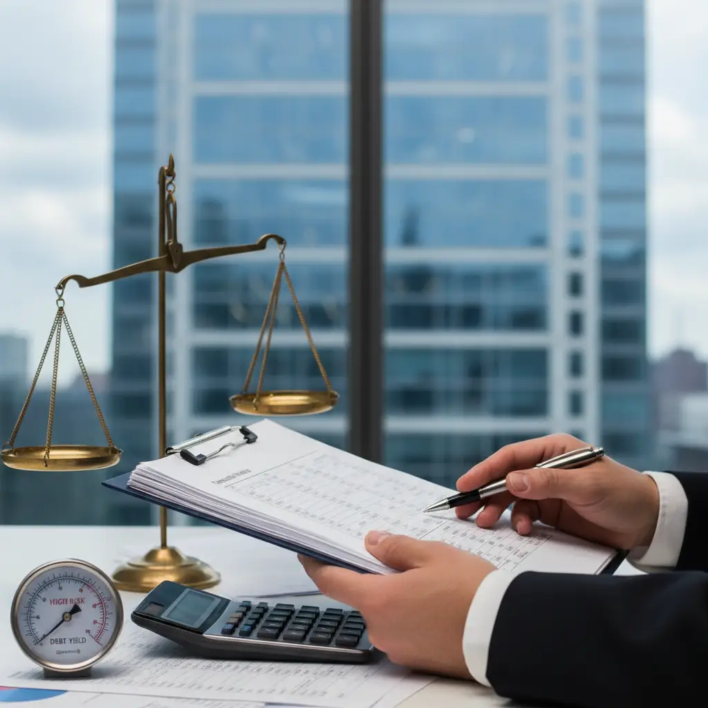 A person in a business suit holds a clipboard and pen at a desk with a calculator, a risk gauge, and a balance scale in an office setting, illustrating Debt Yield.
