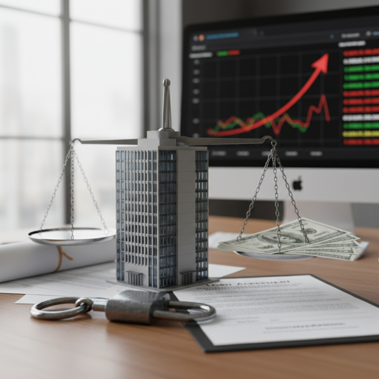 A scale balanced on a model office building, with cash on one side, legal documents and a padlock on the desk, and a financial chart on a computer screen in the background, representing Defeasance.