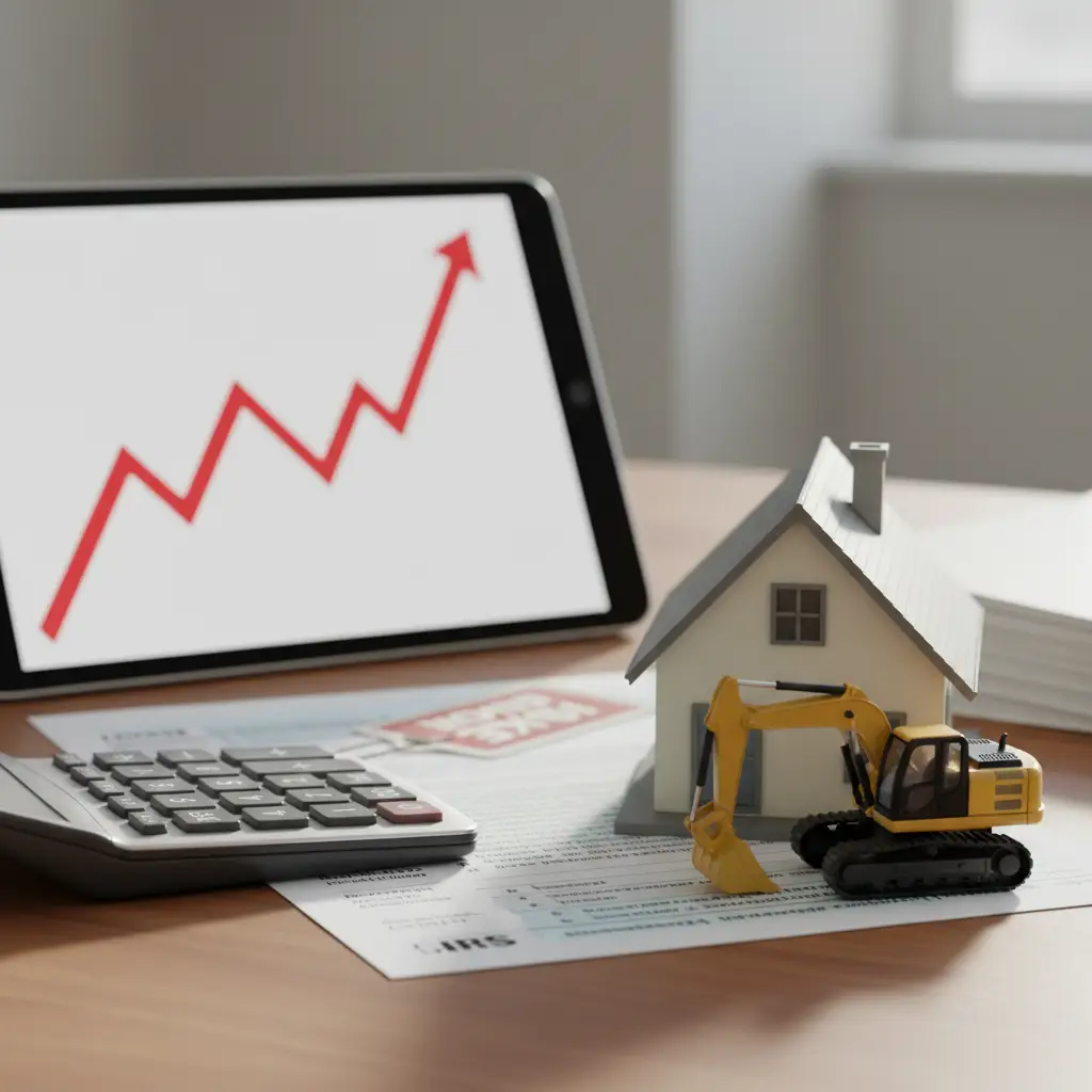 Tablet showing an upward red graph beside a calculator and paperwork on a desk, with a small house model and a toy excavator in the foreground, representing Depreciation Recapture.