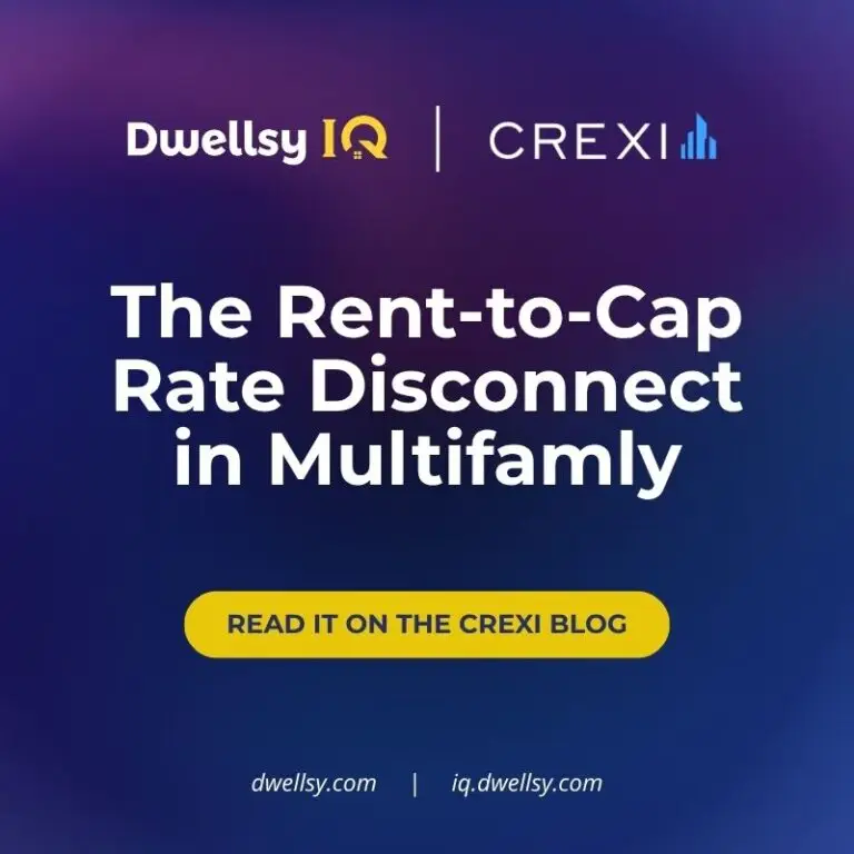 Dwellsy IQ and Crexi partnership graphic highlighting “The Rent-to-Cap Rate Disconnect in Multifamily” with call-to-action to read on the Crexi blog