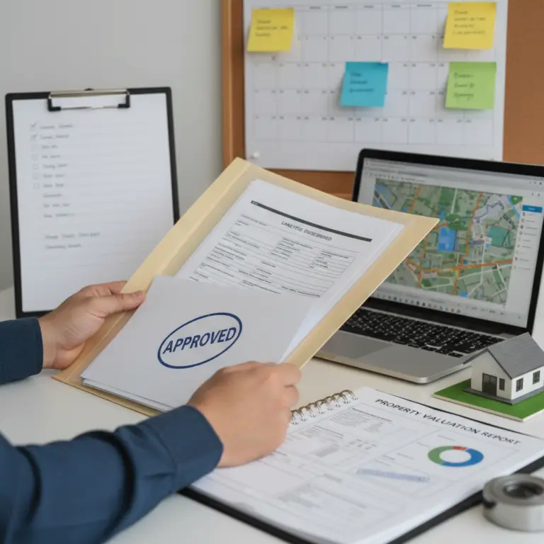 Hands holding a folder with an approved stamp beside a laptop showing a map, a calendar board, and a property valuation report, related to Entitlements.