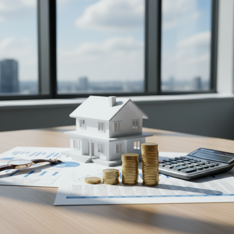 Equity Multiple illustrated by a white house model, stacked coins, printed charts, a calculator, and a watch on a desk near large windows.