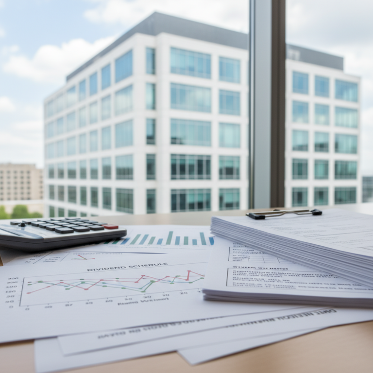 Office desk with a calculator, printed financial charts, and a stack of documents by a window overlooking a modern building, representing FFO.