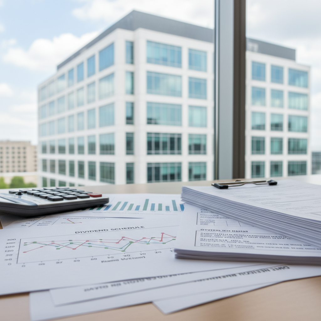 Office desk with a calculator, printed financial charts, and a stack of documents by a window overlooking a modern building, representing FFO.