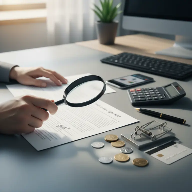 Hands holding a magnifying glass over a printed agreement on a desk with a calculator, coins, a credit card, a pen, and a computer monitor in the background, illustrating Forward Funding.