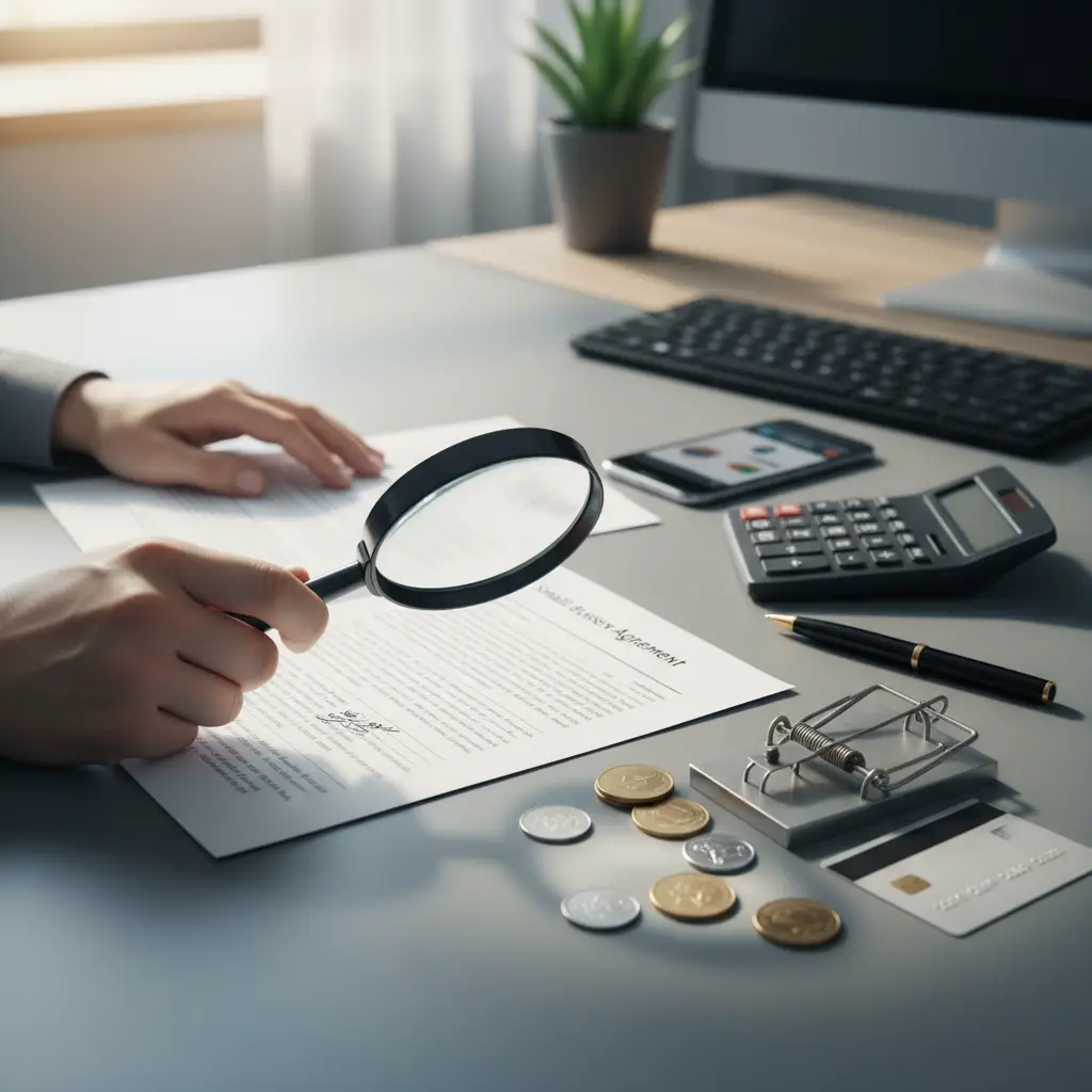 Hands holding a magnifying glass over a printed agreement on a desk with a calculator, coins, a credit card, a pen, and a computer monitor in the background, illustrating Forward Funding.