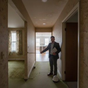 Functional Obsolescence shown in a narrow dated hallway where a man in a suit measures the space inside an older home.