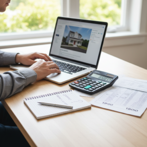 Person using a laptop to view a house listing at a desk with a calculator, papers, and a notepad, illustrating Gross Rent Multiplier.