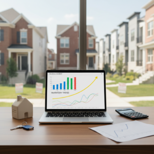 Laptop displaying Housing Wire charts on a desk with a small house model, keys, calculator, and a paper graph, with suburban homes visible through a window.