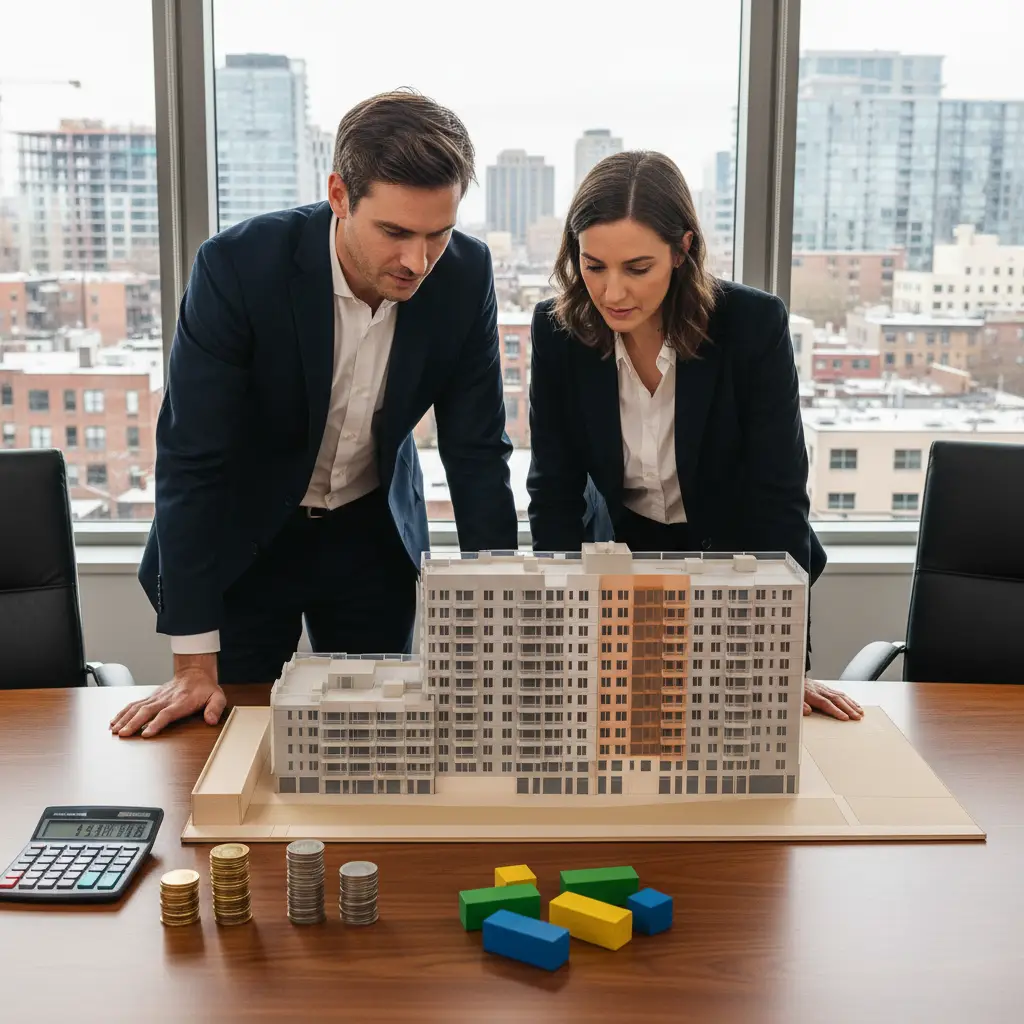 Two business professionals review a scale model of an apartment building on a conference table with coins, colored blocks, and a calculator in a bright office during Inclusionary Zoning.