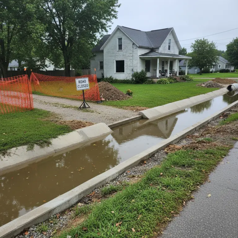 Residential street drainage construction beside a white house with standing water in a concrete channel and a road closure sign, illustrating Inverse Condemnation.