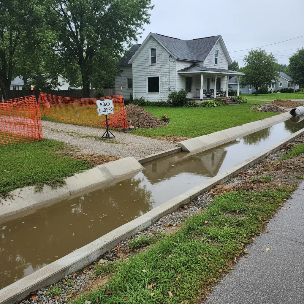 Residential street drainage construction beside a white house with standing water in a concrete channel and a road closure sign, illustrating Inverse Condemnation.