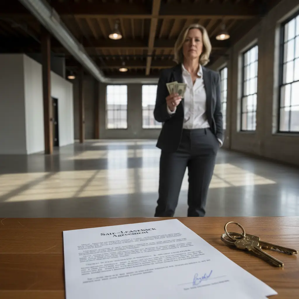 Leaseback document on a table beside a set of keys, with a woman standing in the background holding cash in an open room.