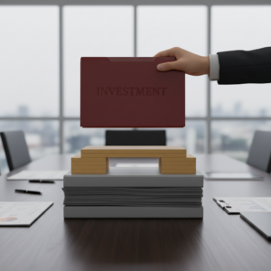 A hand holds a folder labeled Mezzanine Debt above stacked documents and wooden blocks on a conference table in an office.
