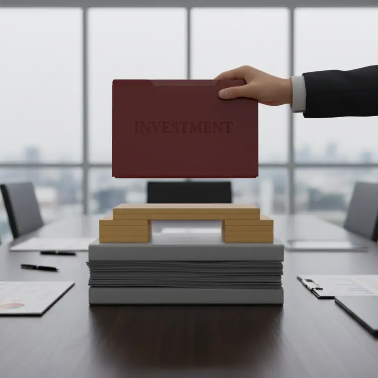 A hand holds a folder labeled Mezzanine Debt above stacked documents and wooden blocks on a conference table in an office.