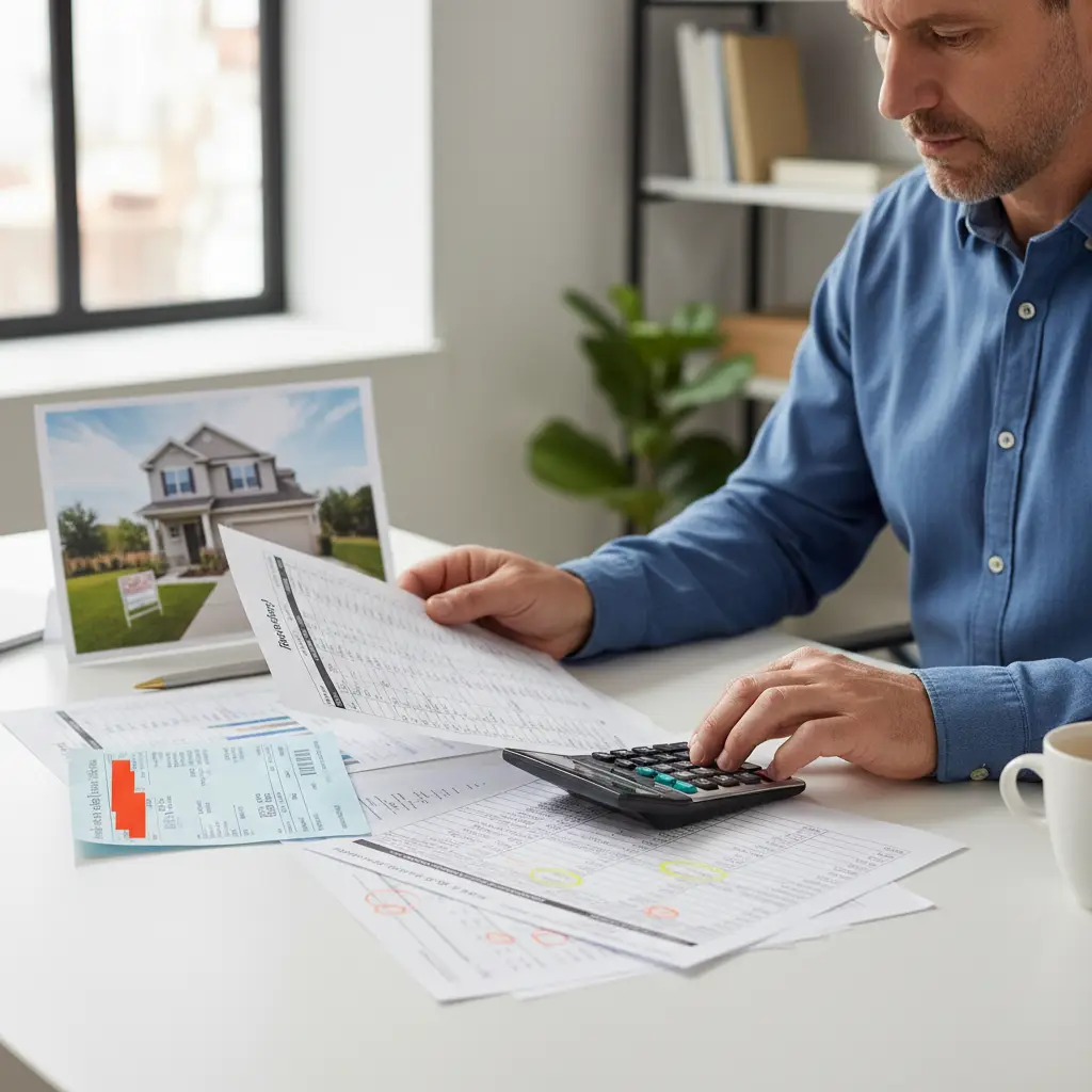Man reviewing bills and property documents with a calculator at a desk, illustrating Millage Rate.
