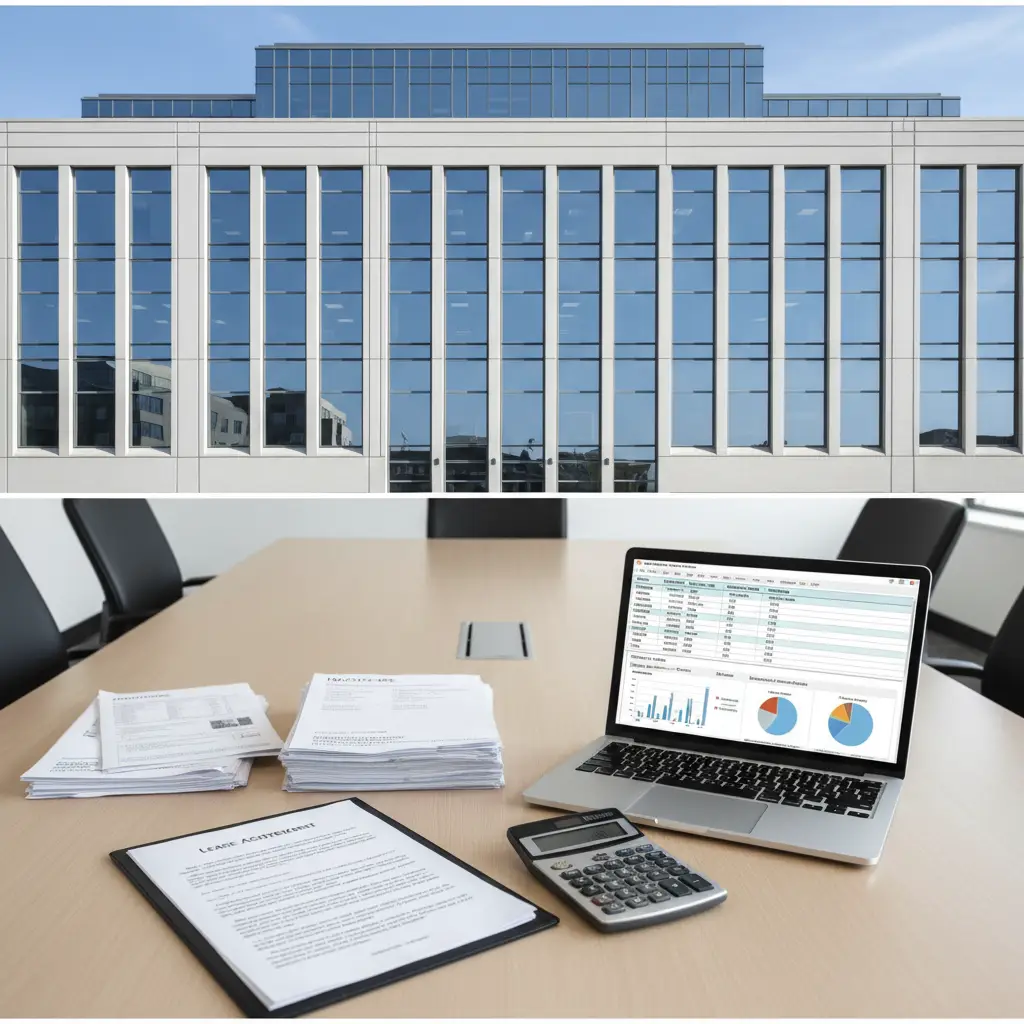 Modified Gross Lease shown with a modern office building above a conference table holding documents, a laptop with charts, and a calculator.