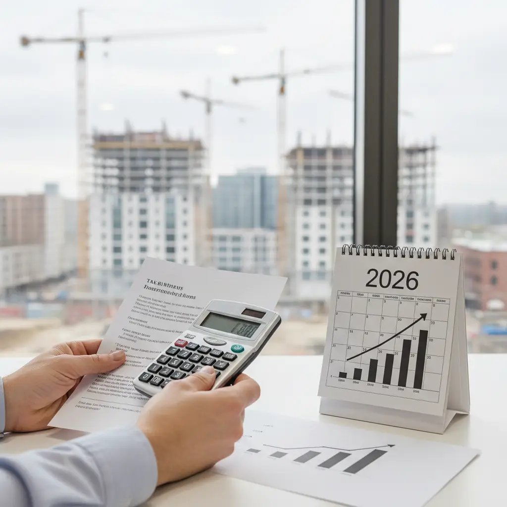 Hands holding a paper and using a calculator on a desk beside a 2026 desktop calendar with an upward chart, with buildings and cranes outside a window in the background, Opportunity Zones.